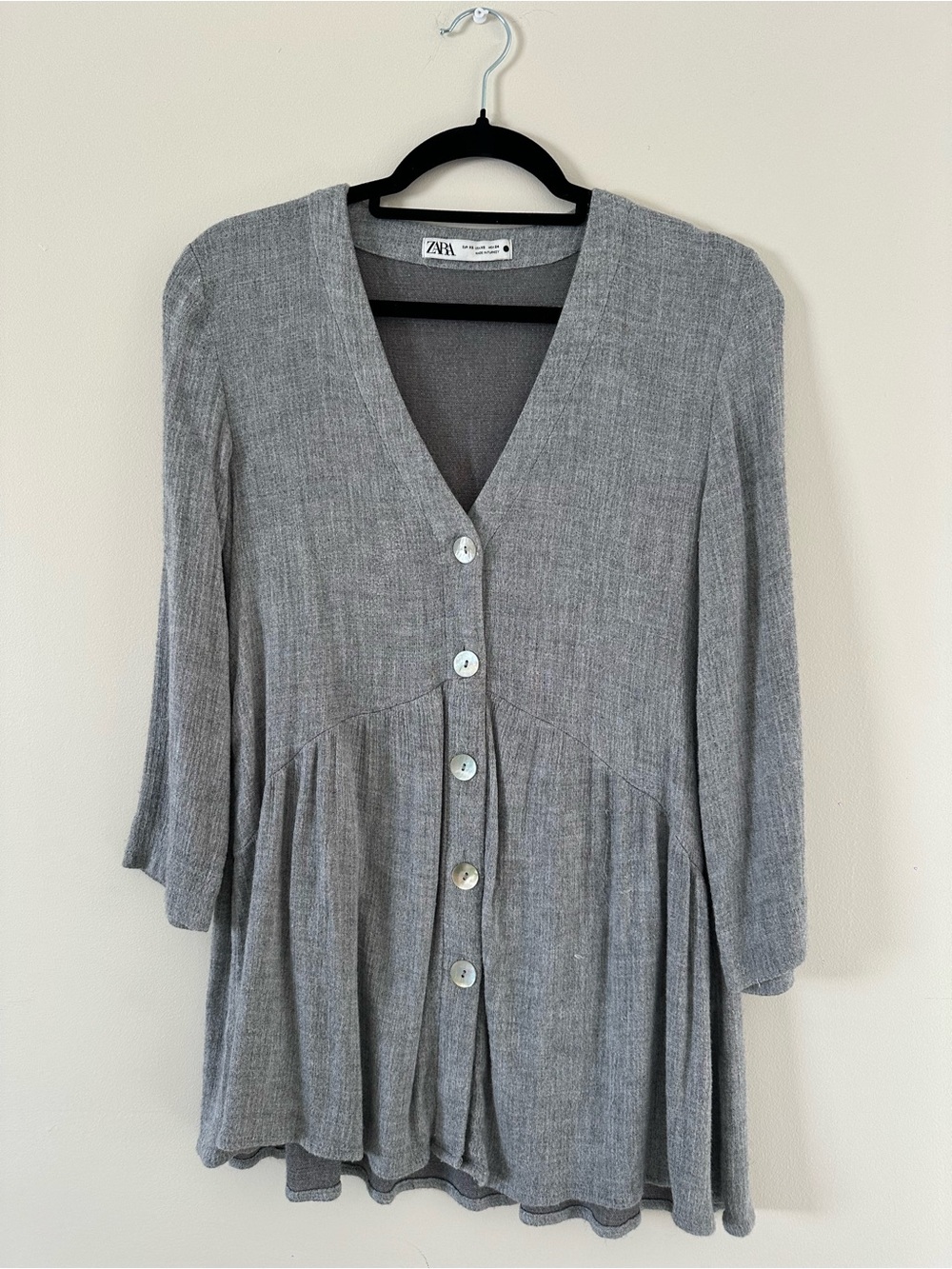 Zara Gray Button-Front V-Neck Long Sleeve Dress
